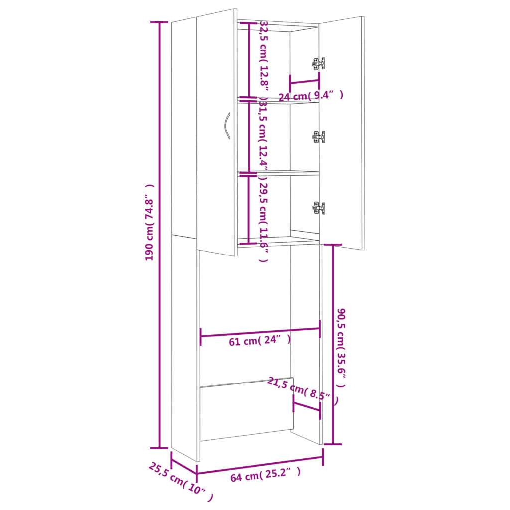 vaskemaskineskab 64x25,5x190 cm sonoma-eg
