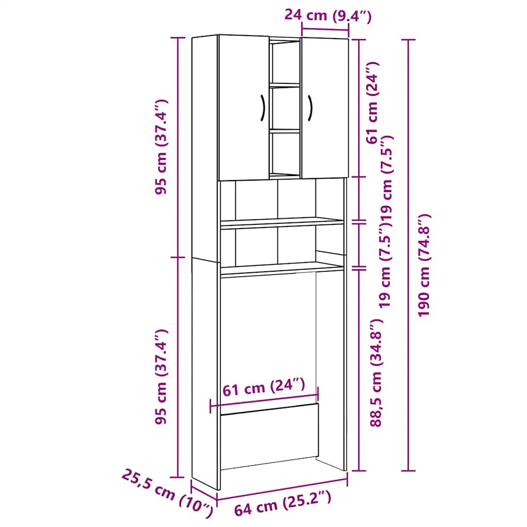 badeværelsesskab til vaskemaskine 64x25,5x190 cm sonoma-eg