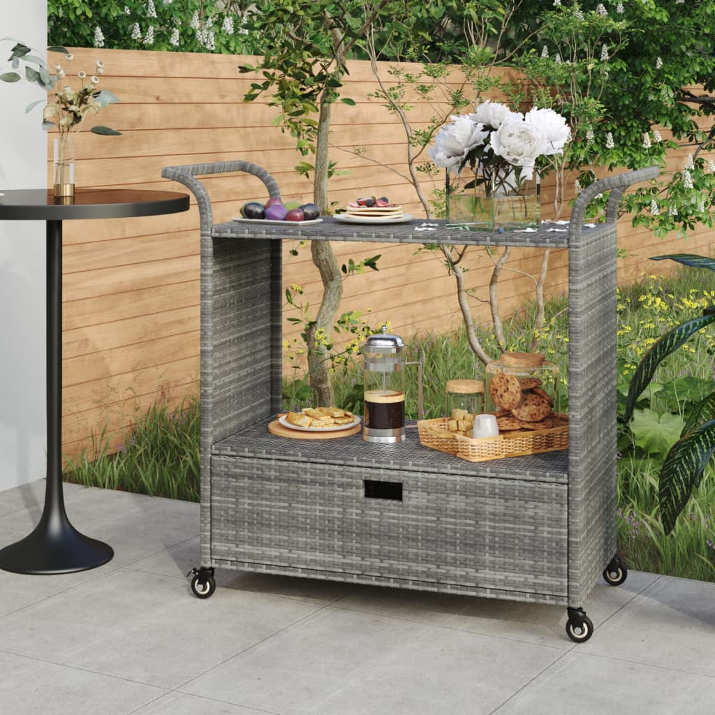Barvogn med skuffe 100×45×97 cm i grå polyrattan - rullebord/serveringsvogn
