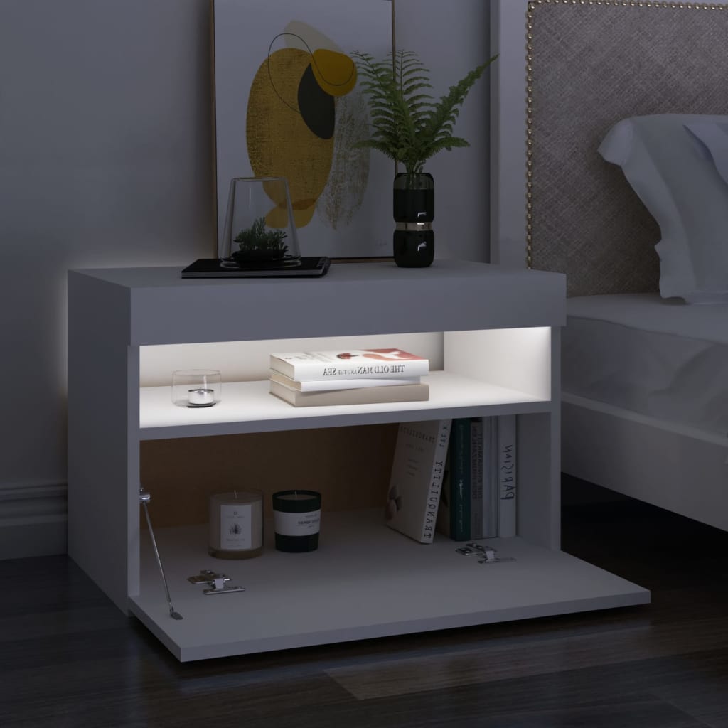 sengebord med LED-lys 2 stk. 60x35x40 cm konstrueret træ hvid
