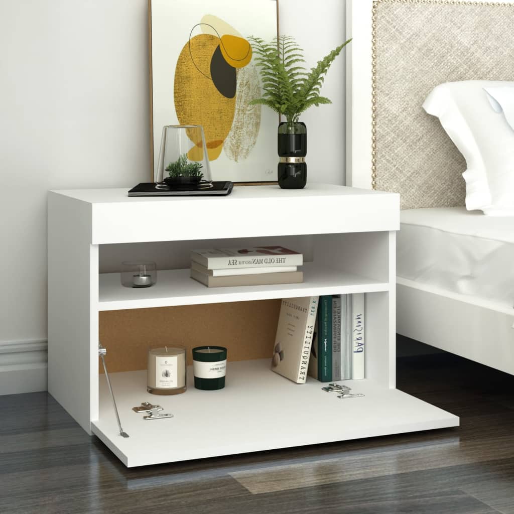 sengebord med LED-lys 2 stk. 60x35x40 cm konstrueret træ hvid