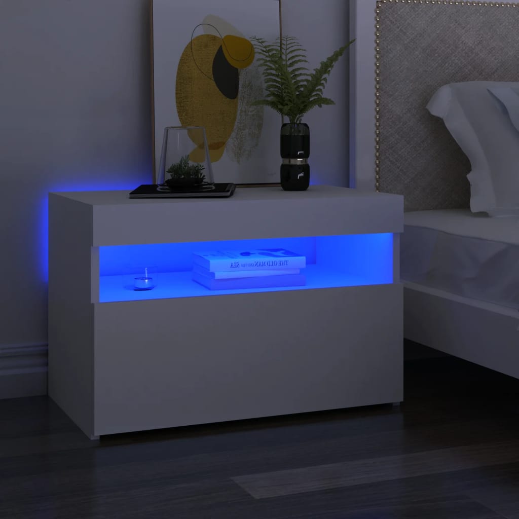 sengebord med LED-lys 2 stk. 60x35x40 cm konstrueret træ hvid