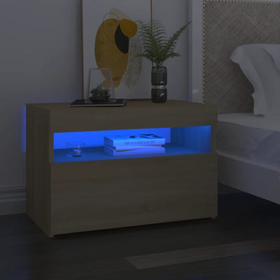 sengebord med LED-lys 60x35x40 cm konstrueret træ sonoma-eg