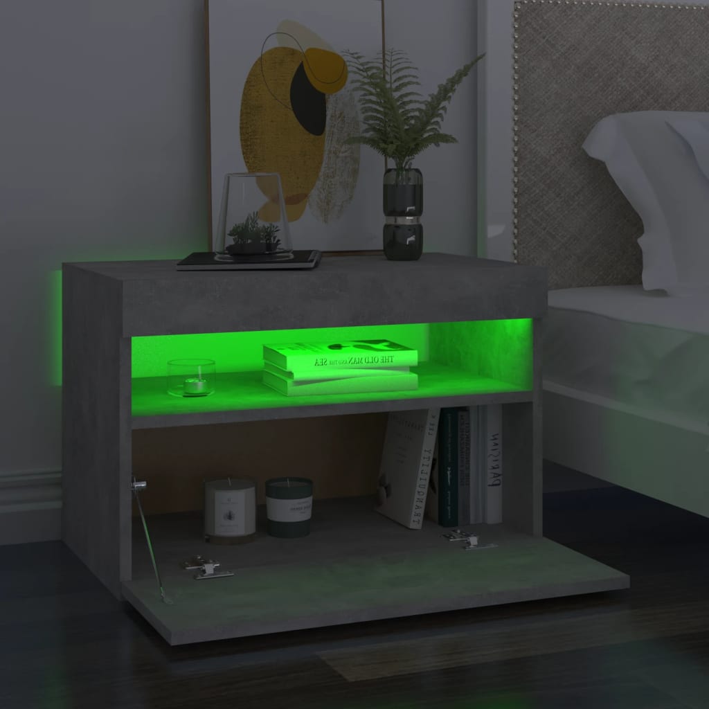 sengebord med LED-lys 60x35x40 cm betongrå