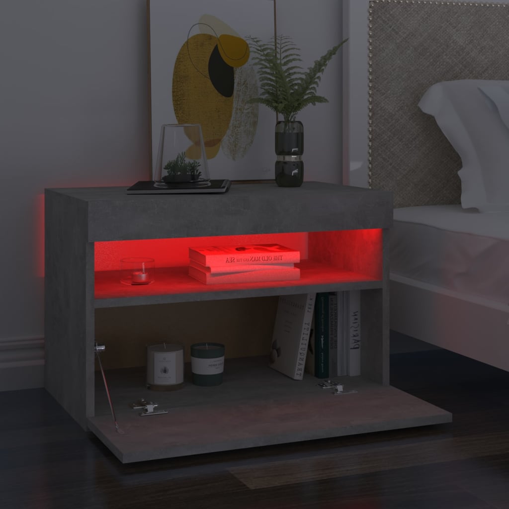 sengebord med LED-lys 60x35x40 cm betongrå