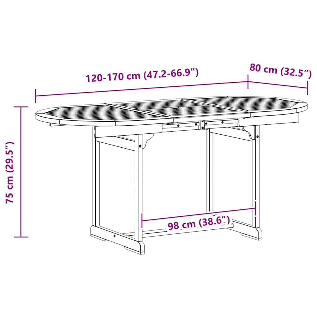 havebord (120-170)x80x75 cm massivt akacietræ