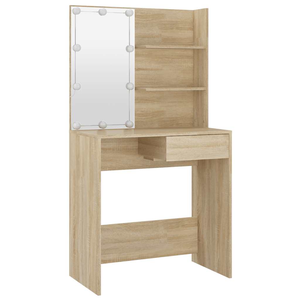 makeupbord med LED-lys 74,5x40x141 cm konstrueret træ sonoma-eg