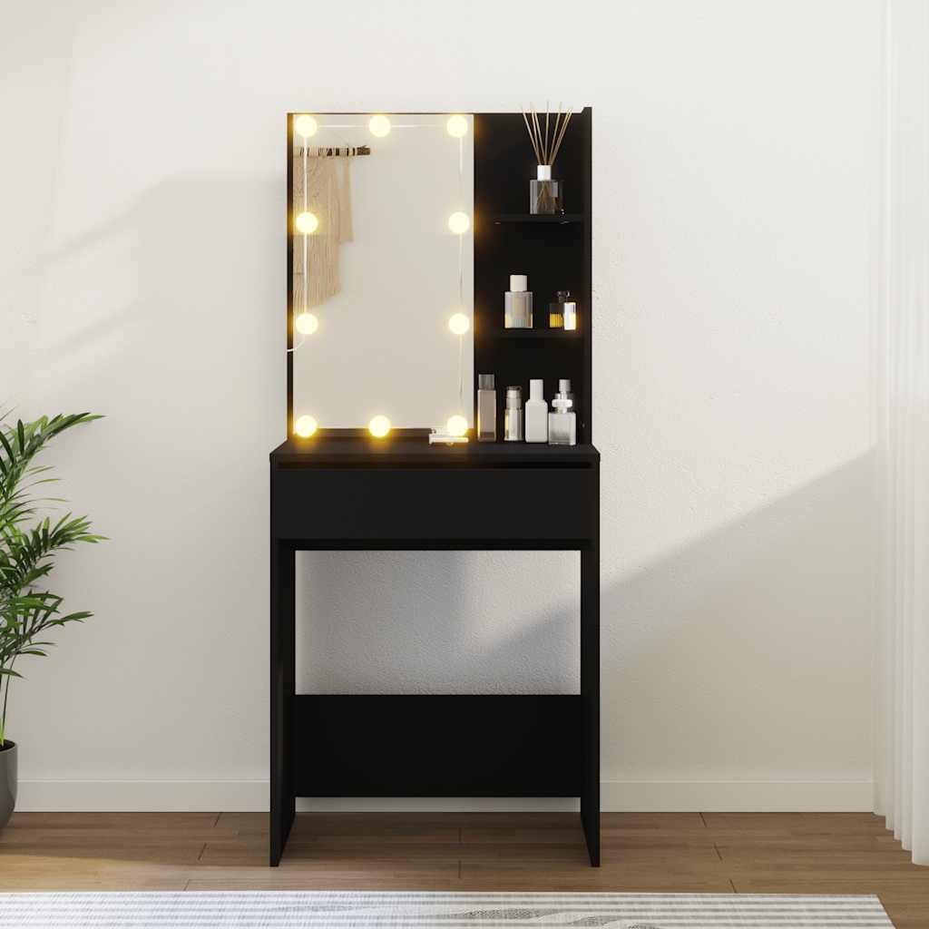 makeupbord med LED-lys 60x40x140 cm sort