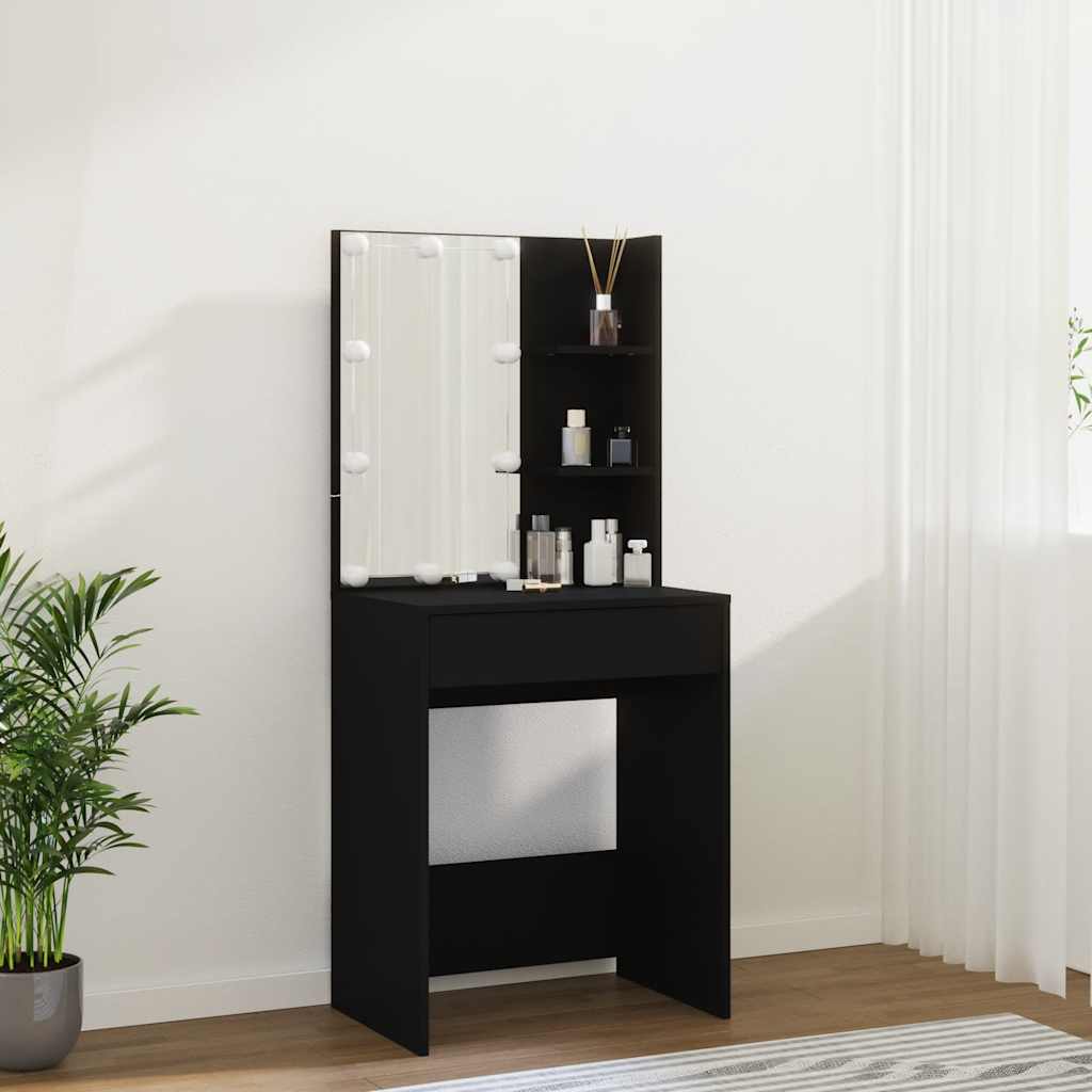 makeupbord med LED-lys 60x40x140 cm sort