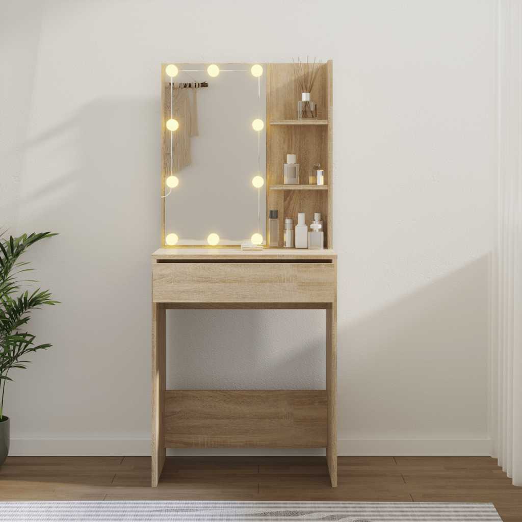 makeupbord med LED-lys 60x40x140 cm sonoma-eg