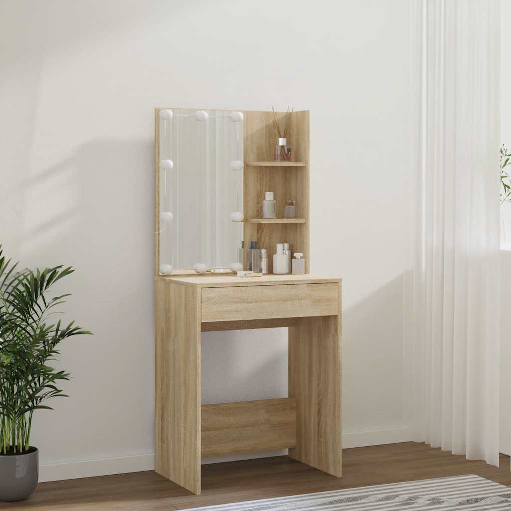 makeupbord med LED-lys 60x40x140 cm sonoma-eg