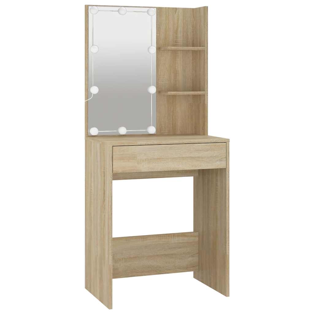 makeupbord med LED-lys 60x40x140 cm sonoma-eg