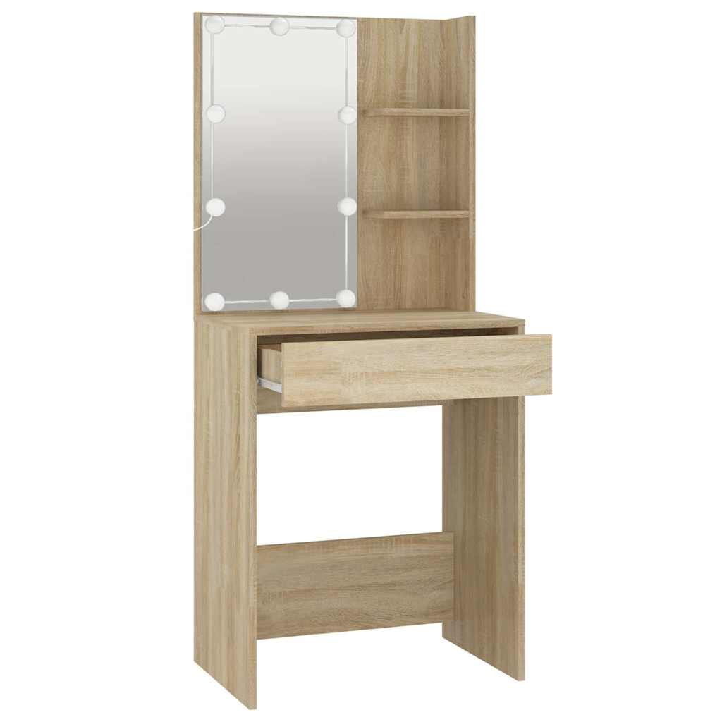 makeupbord med LED-lys 60x40x140 cm sonoma-eg