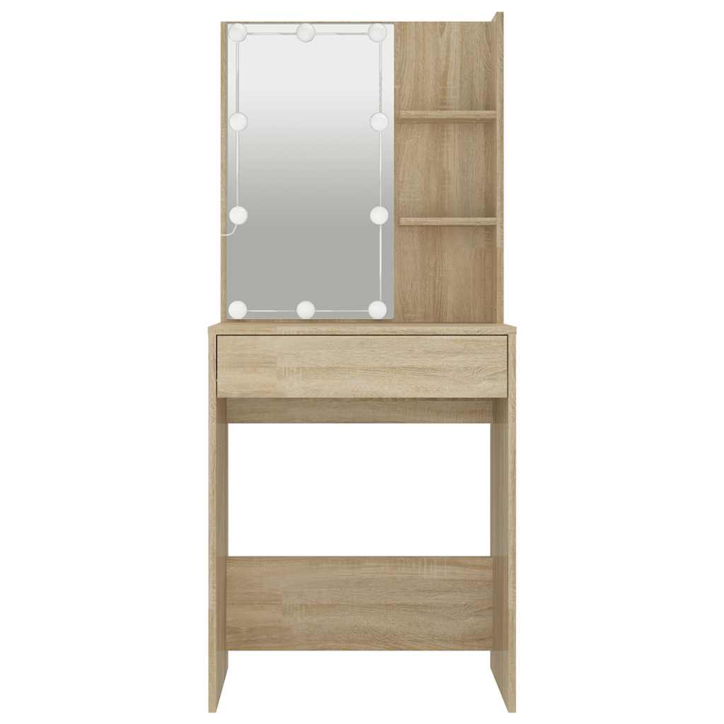 makeupbord med LED-lys 60x40x140 cm sonoma-eg