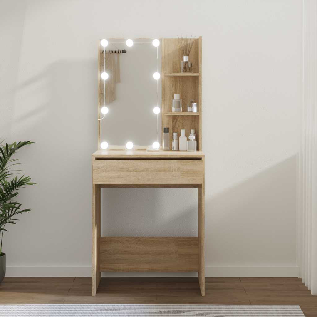 makeupbord med LED-lys 60x40x140 cm sonoma-eg