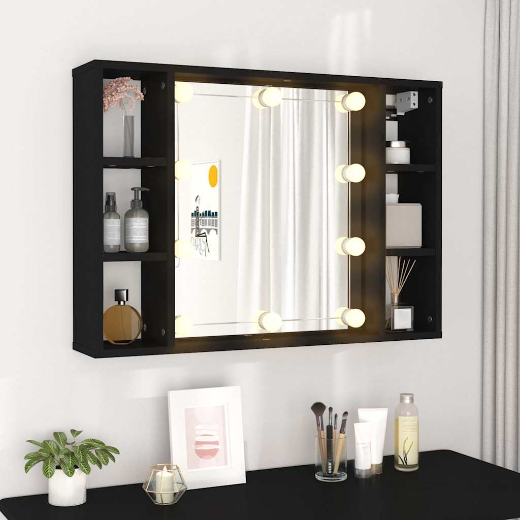 spejlskab med LED-lys 76x15x55 cm sort