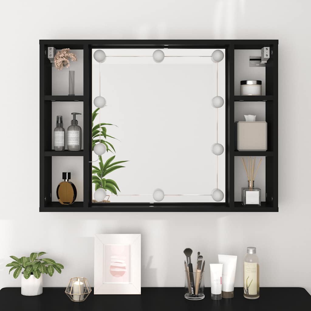 spejlskab med LED-lys 76x15x55 cm sort