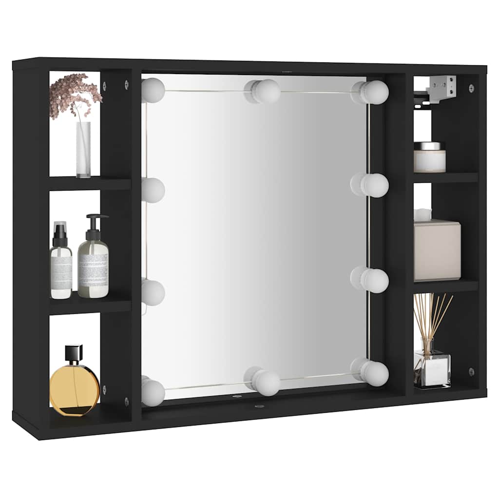 spejlskab med LED-lys 76x15x55 cm sort