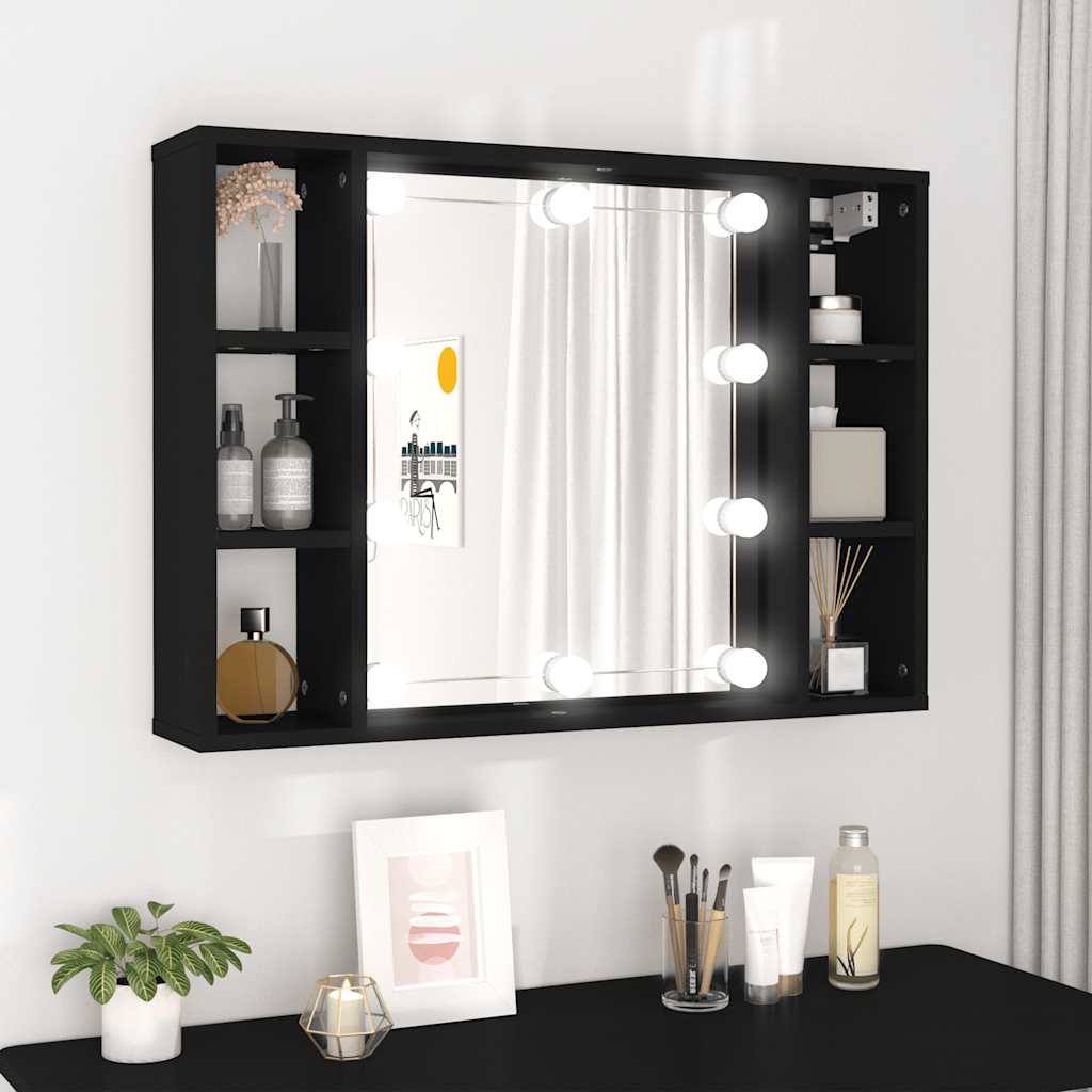 spejlskab med LED-lys 76x15x55 cm sort