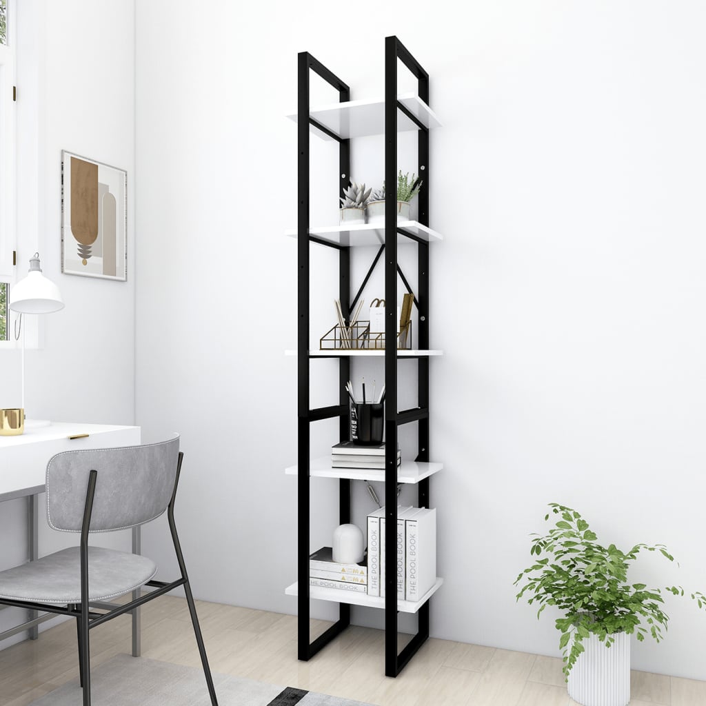 Bogreol med 5 hylder 40×30×175 cm - hvid med sort metalstel