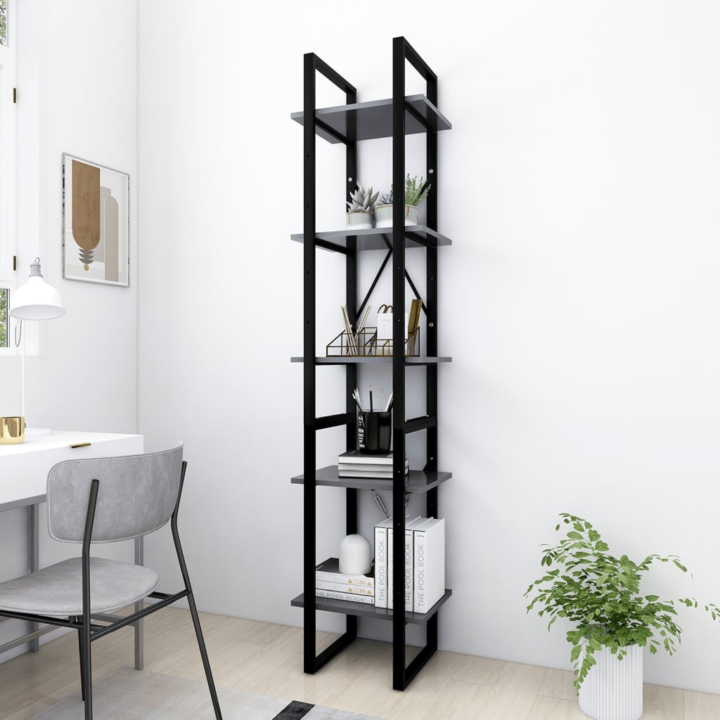 Bogreol med 5 hylder 40×30×175 cm - konstrueret træ, grå