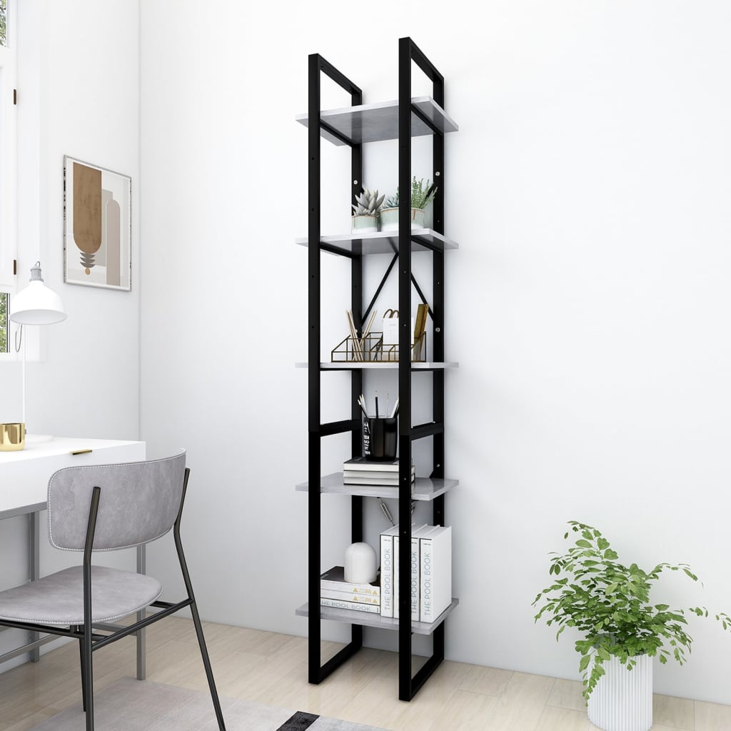Bogreol med 5 hylder 40×30×175 cm - konstrueret træ, betongrå