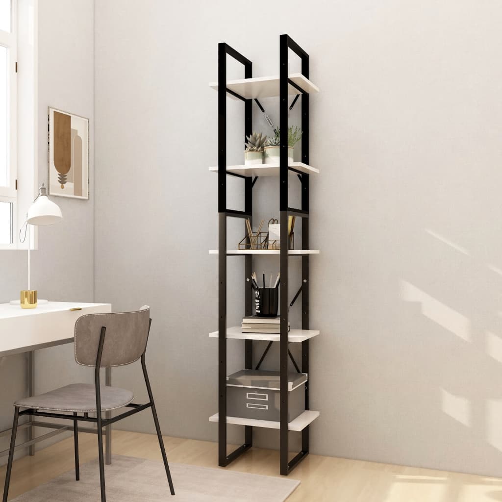 Bogreol 40×30×175 cm med 5 hylder - massivt fyrretræ, hvid/sort metalstel