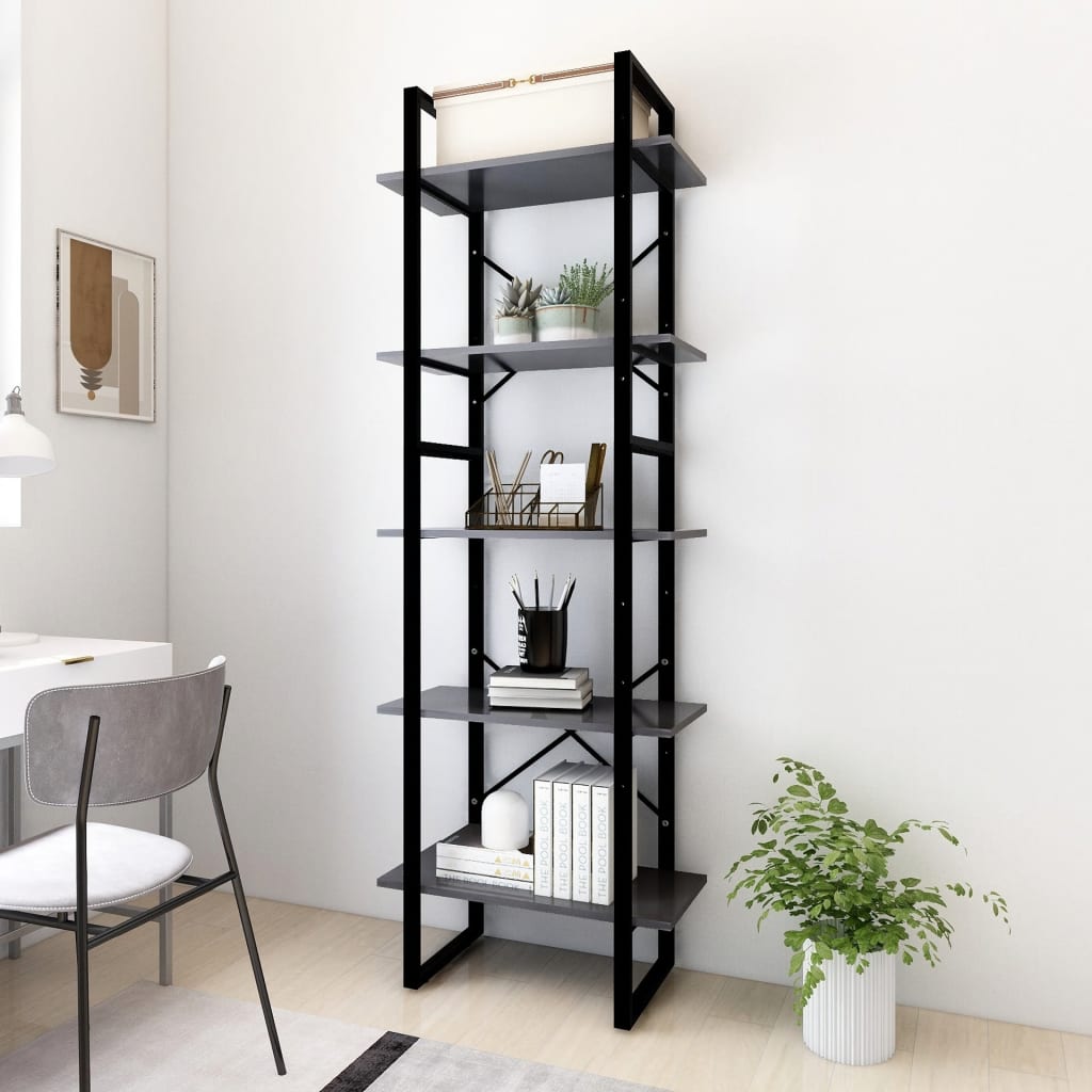 Bogreol med 5 hylder - konstrueret træ/metal, grå 60×30×175 cm