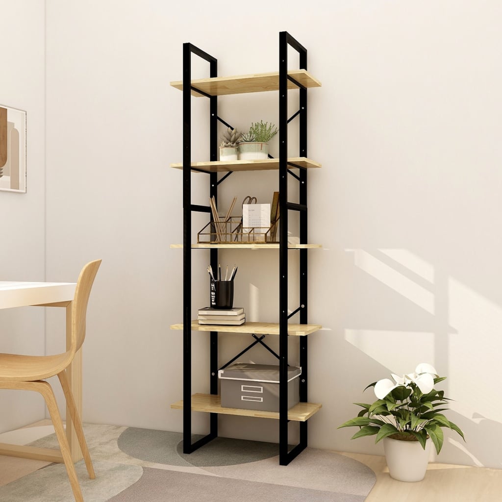 Bogreol 5 Hylder Massivt Fyrretræ - 60 cm / Sort og lysebrun