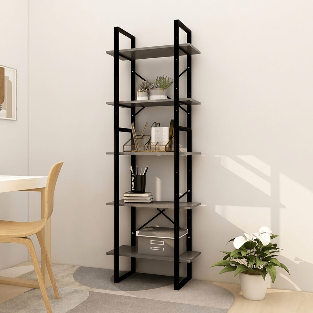 Bogreol 60×30×175 cm med 5 hylder - massivt fyrretræ, grå