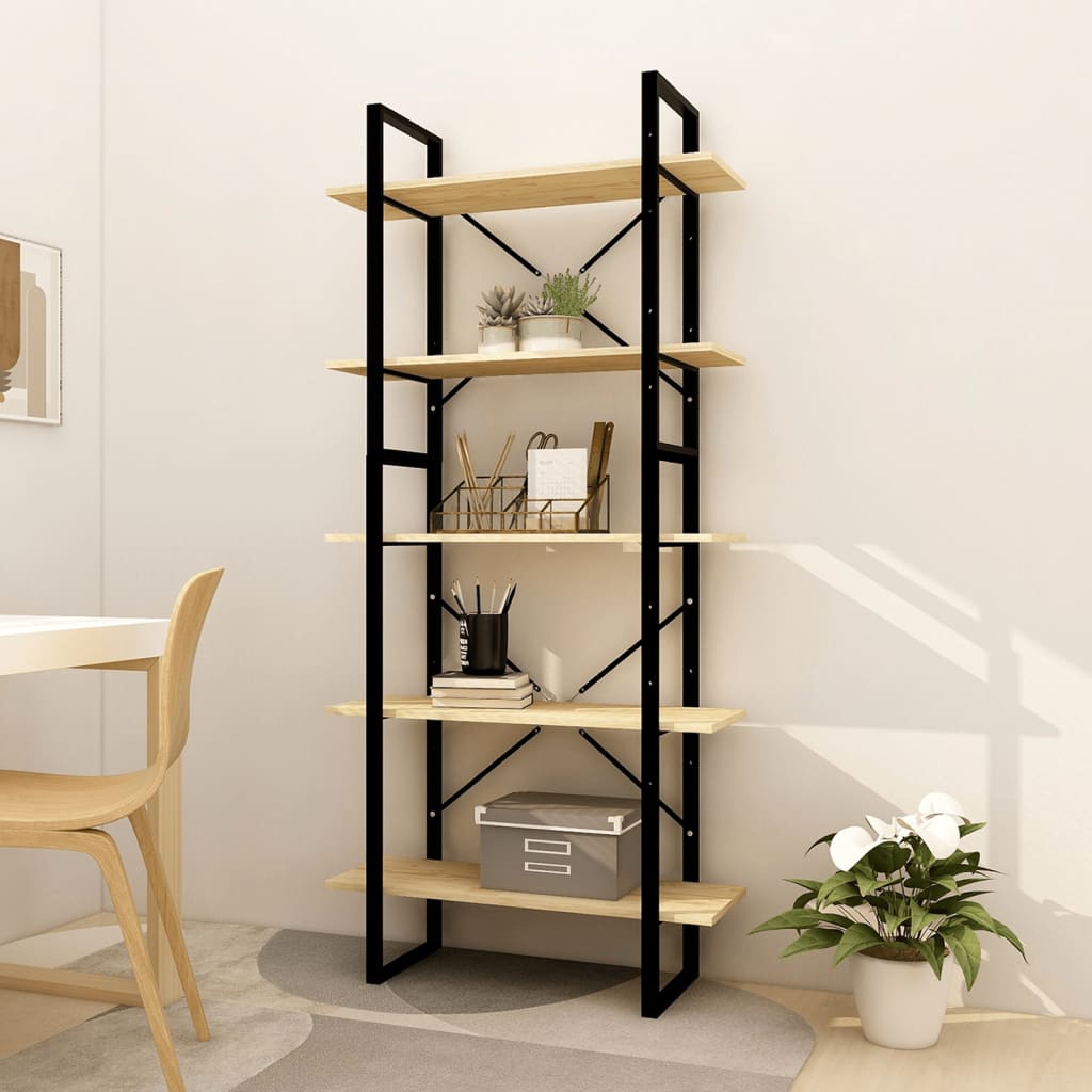Bogreol 5 Hylder Massivt Fyrretræ - 80 cm / Sort og lysebrun