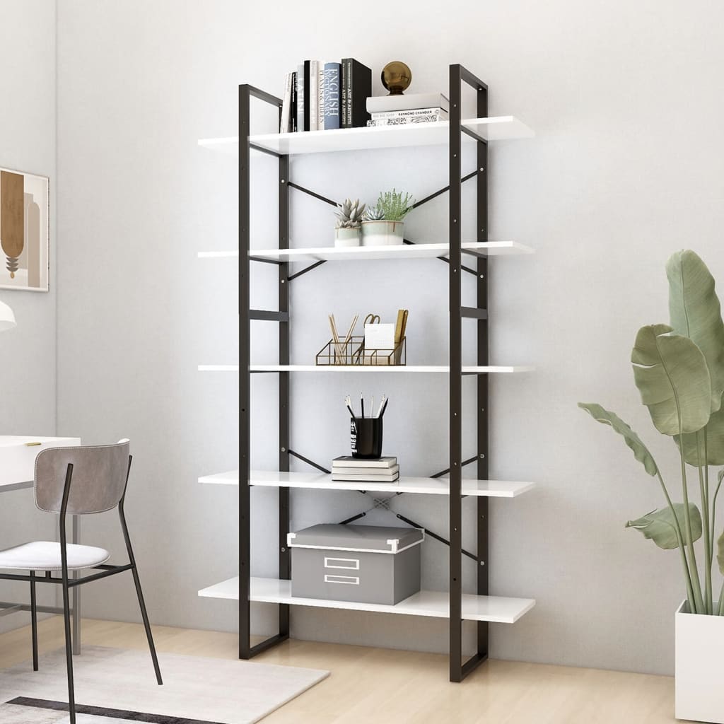 Bogreol med 5 hylder - 100×30×175 cm - konstrueret træ/metal - hvid