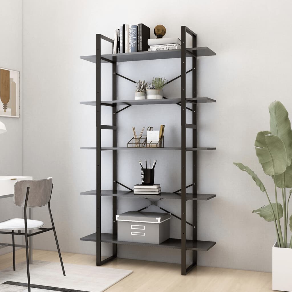 Bogreol med 5 hylder - konstrueret træ/metal, grå, 100×30×175 cm