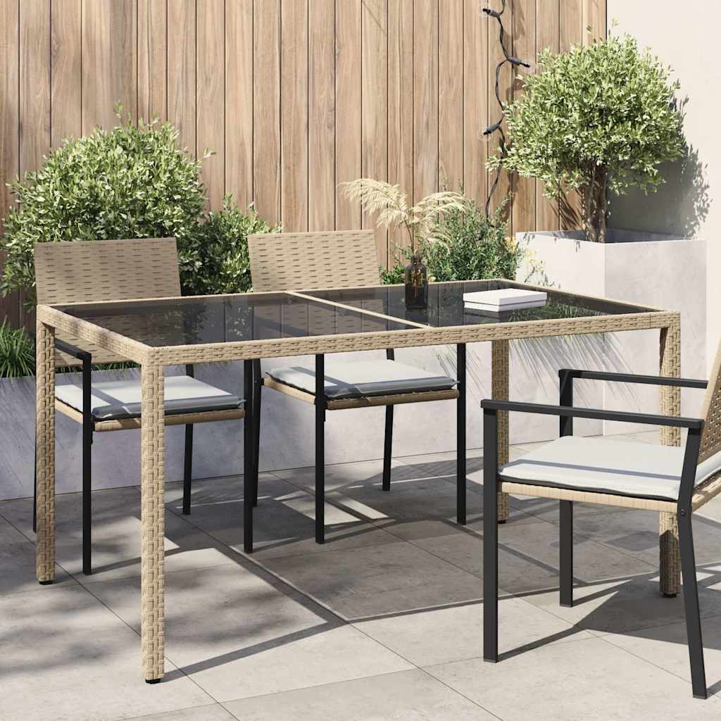 havebord 150x90x75 cm hærdet glas og polyrattan beige billede