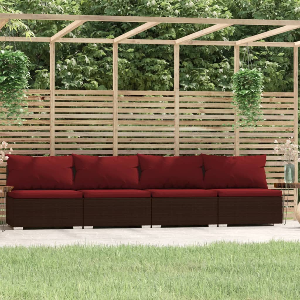 4-personers modulsofa til haven i brun polyrattan med kanelrøde hynder