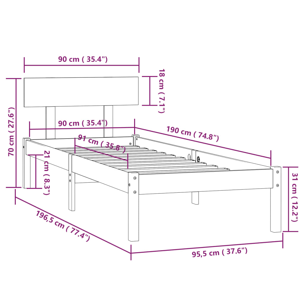 sengestel 90x190 cm Single massivt fyrretræ sort