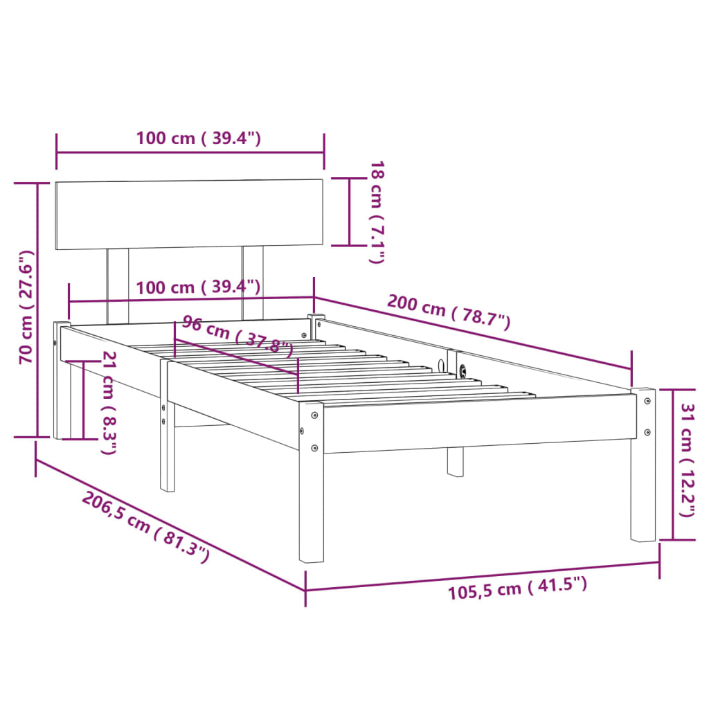 sengestel 100x200 cm massivt fyrretræ hvid