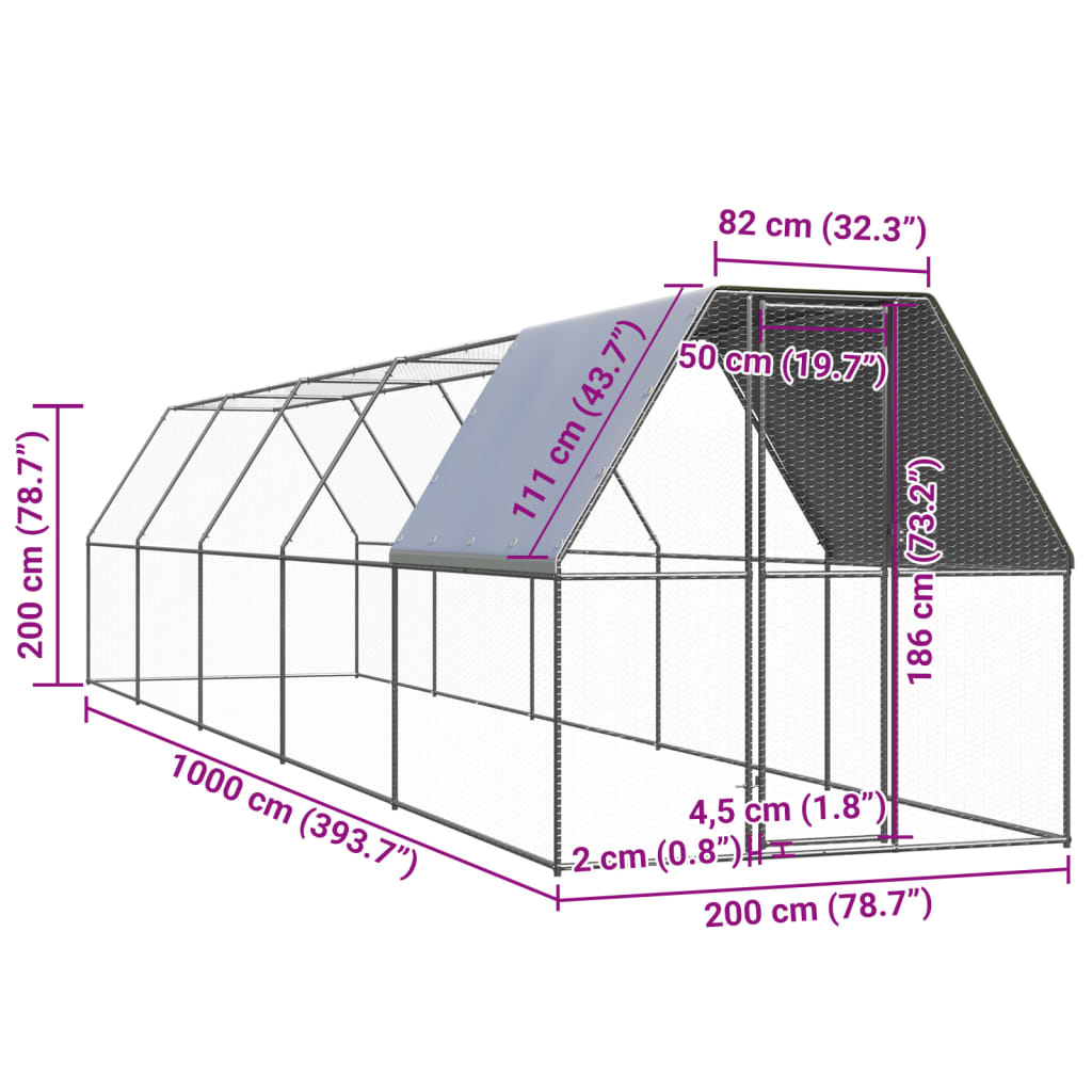 udendørs hønsegård 2x10x2 m galvaniseret stål