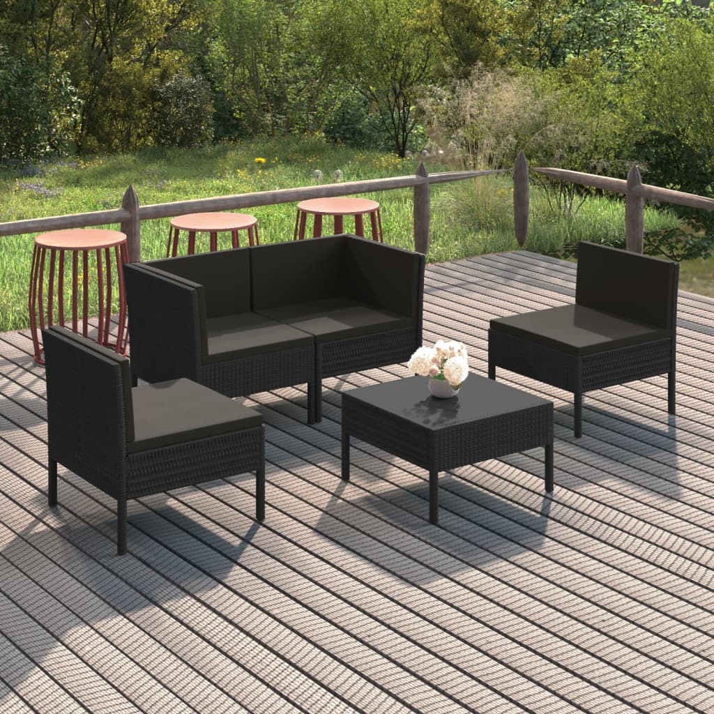 loungesæt til haven 5 dele med hynder polyrattan sort