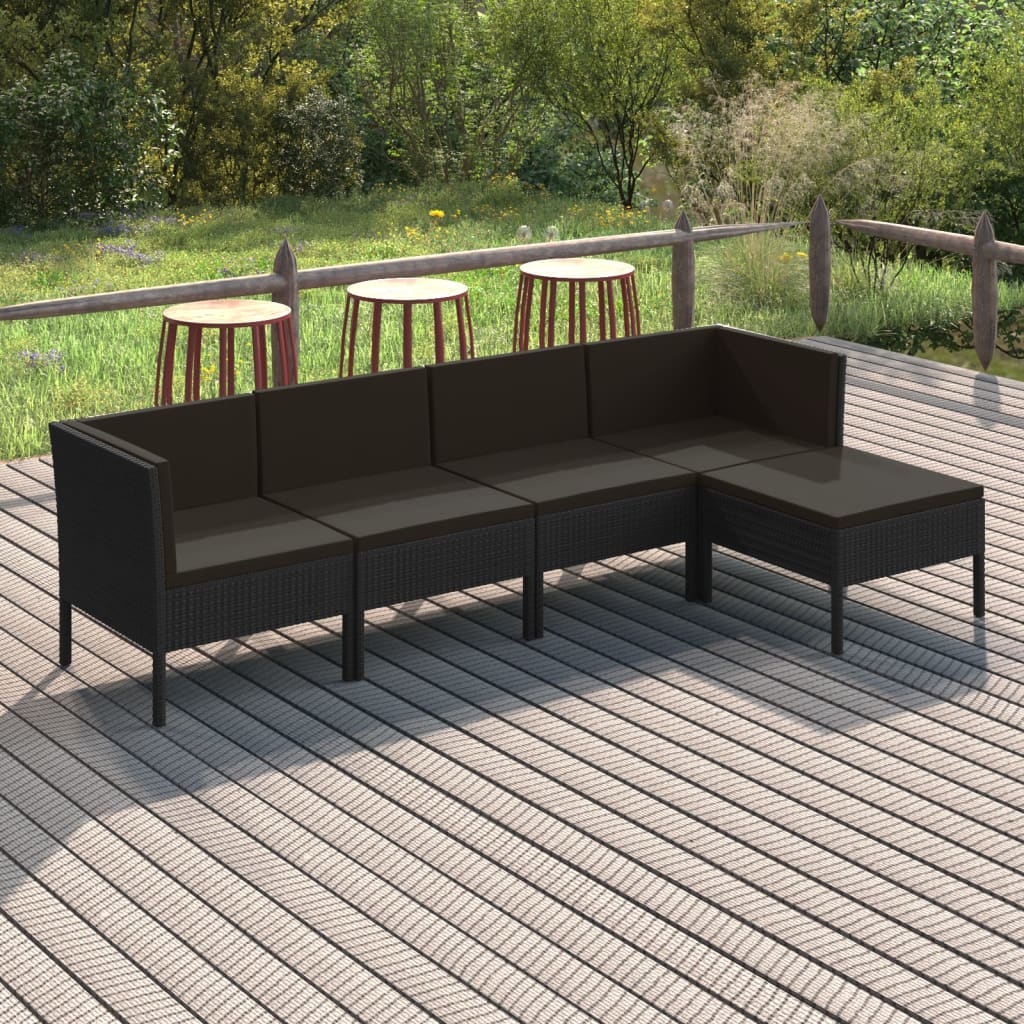 loungesæt til haven 5 dele med hynder polyrattan sort