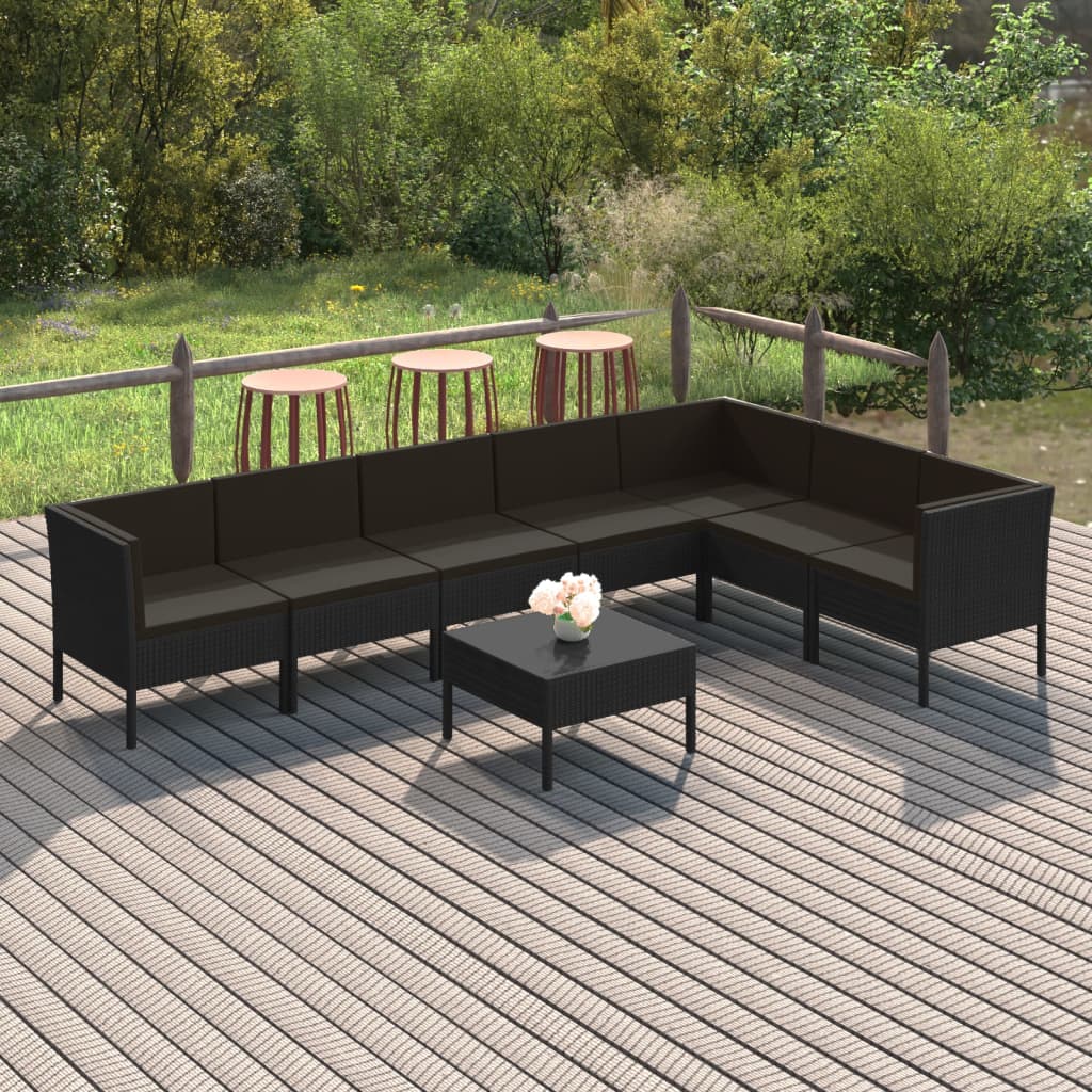 loungesæt til haven 8 dele med hynder polyrattan sort