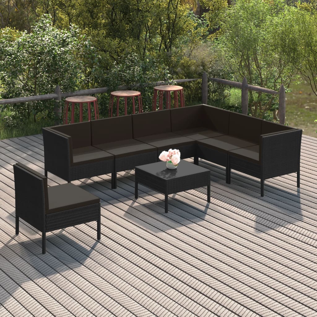 loungesæt til haven 8 dele med hynder polyrattan sort