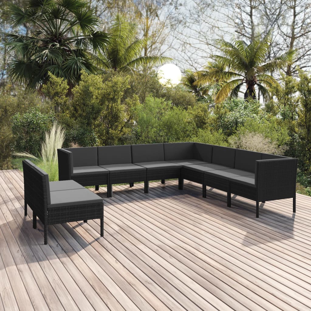 loungesæt til haven 9 dele med hynder polyrattan sort