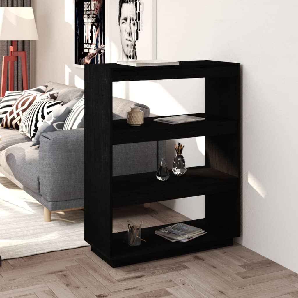 bogreol/rumdeler 80x35x103 cm massivt fyrretræ sort billede