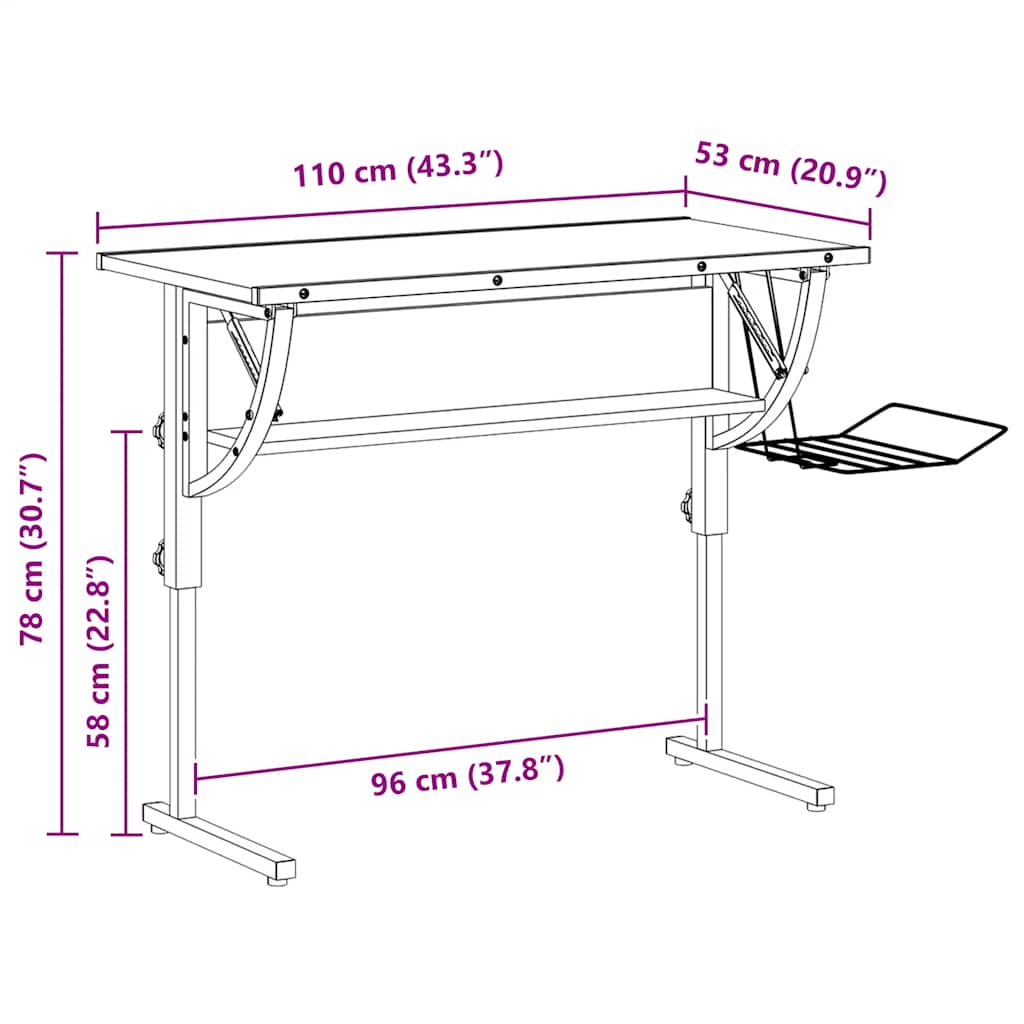 skrivebord 110x53x(58-87) cm konstrueret træ stål sonoma-eg grå