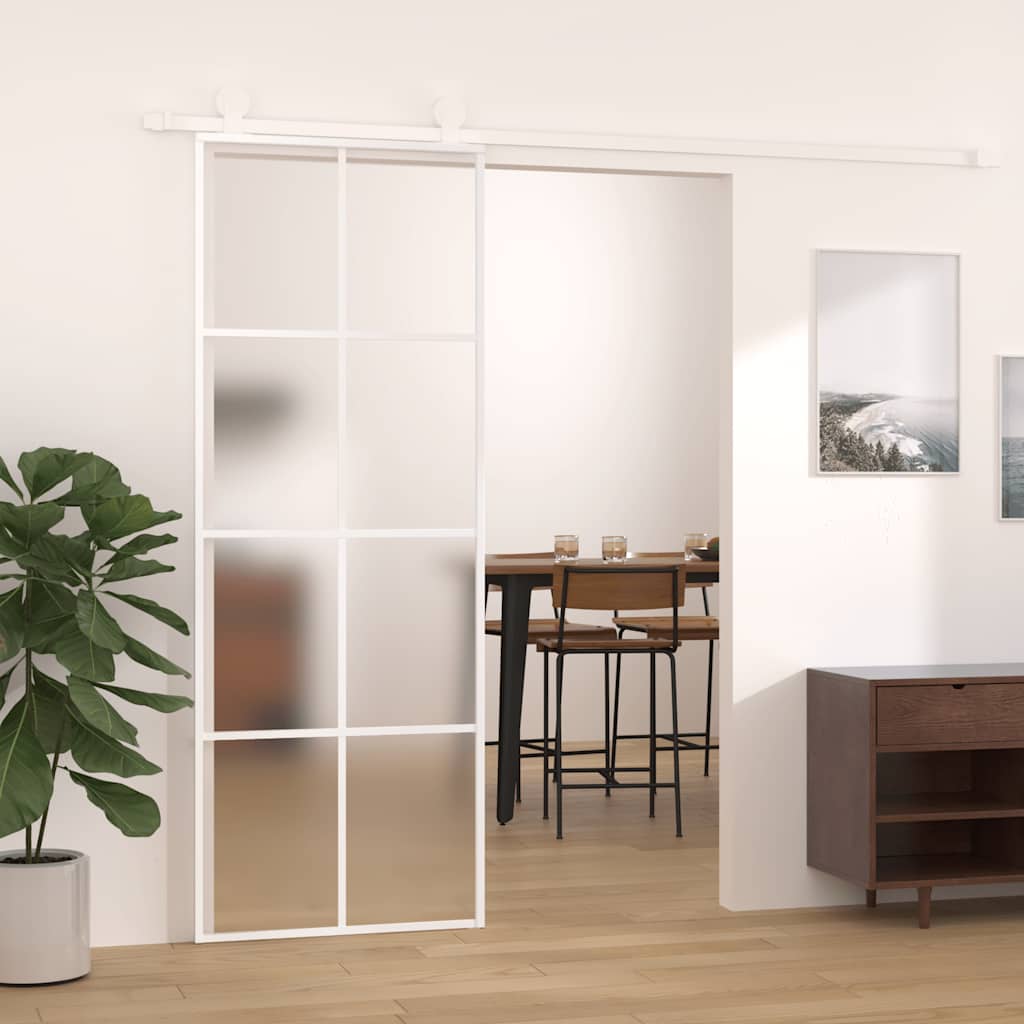 skydedør 76x205 cm hærdet matteret glas og aluminium hvid