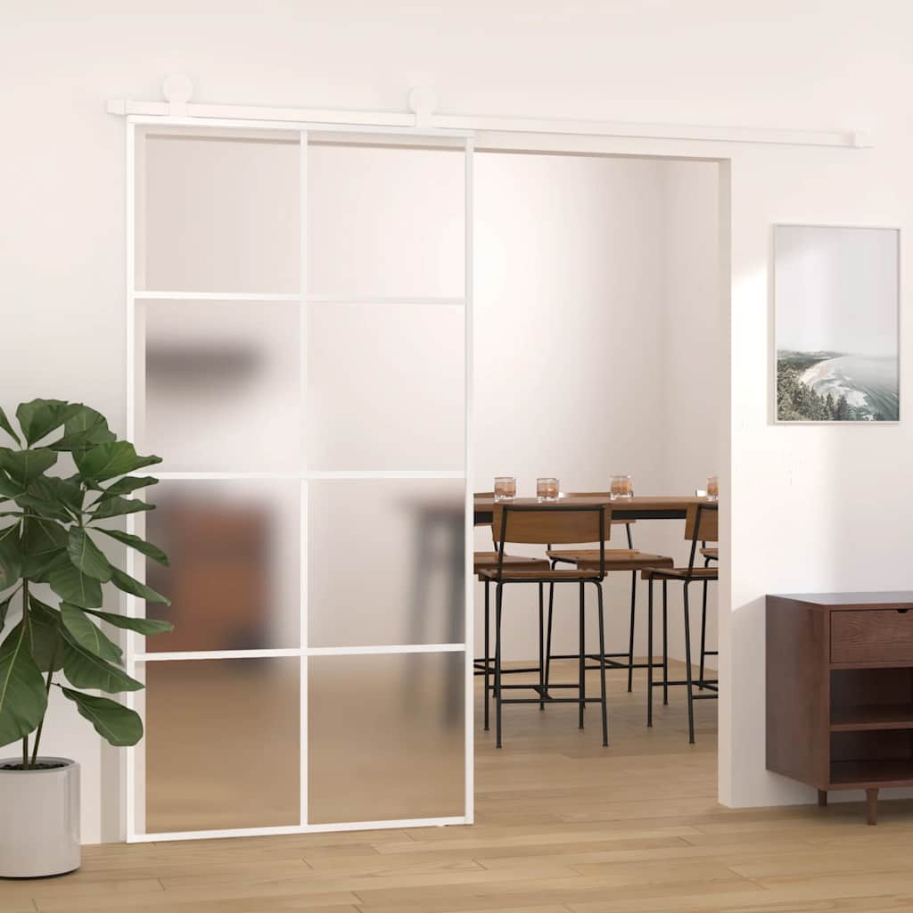 skydedør 102,5x205 cm hærdet matteret glas og aluminium hvid