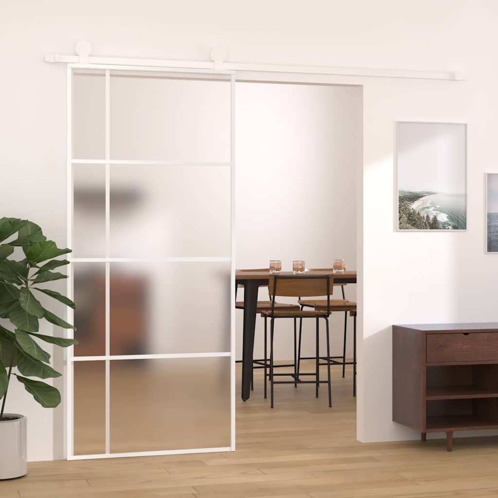 skydedør 90x205 cm hærdet matteret glas og aluminium hvid