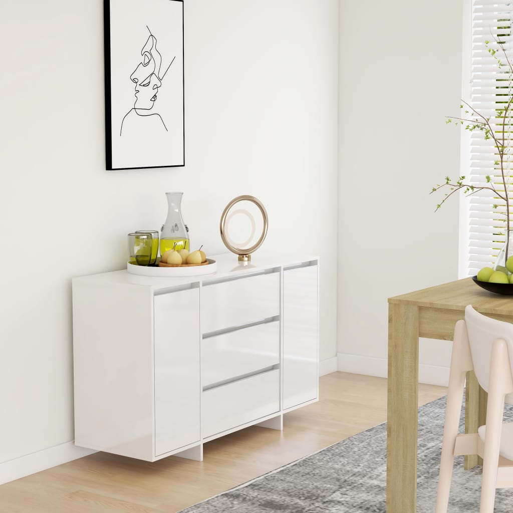 skænk med 3 skuffer120x41x75 cm konstrueret træ hvid højglans