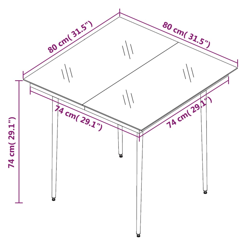 havebord 80x80x74 cm stål og glas sort
